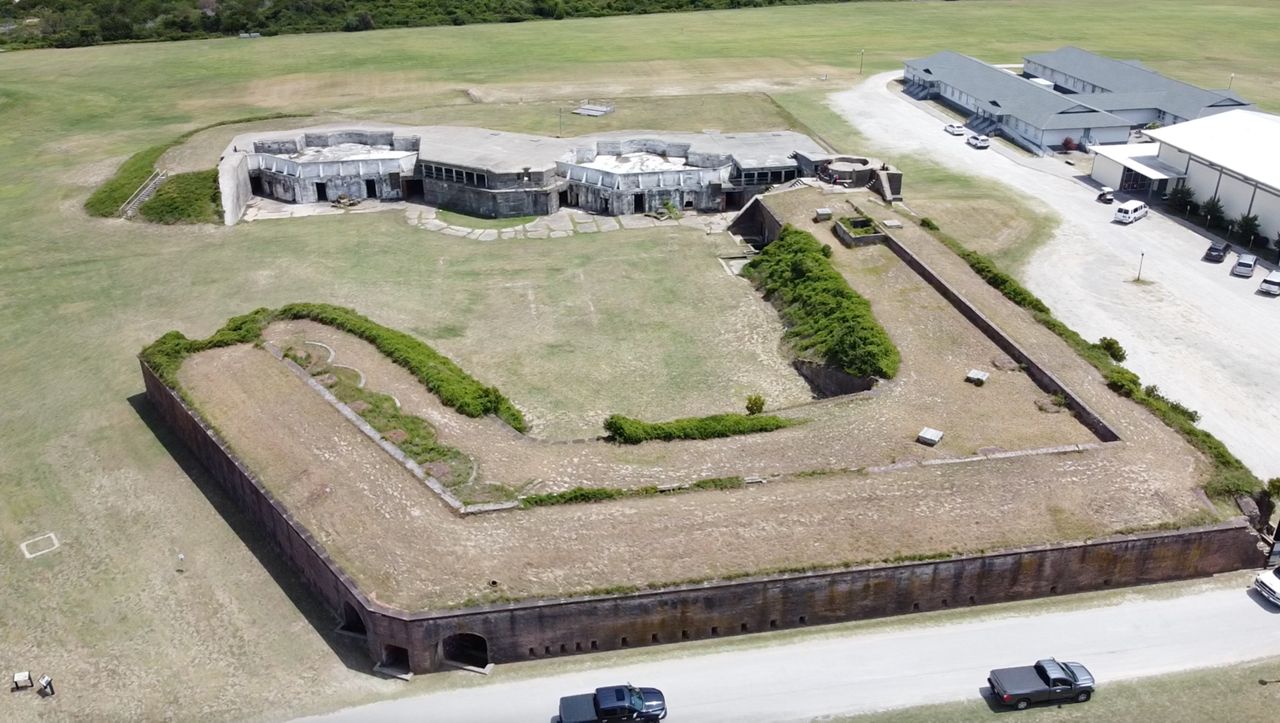 Aerial view of what's left of the original brick fort and World War I battlements. (Spectrum News 1/Rachel Boyd)